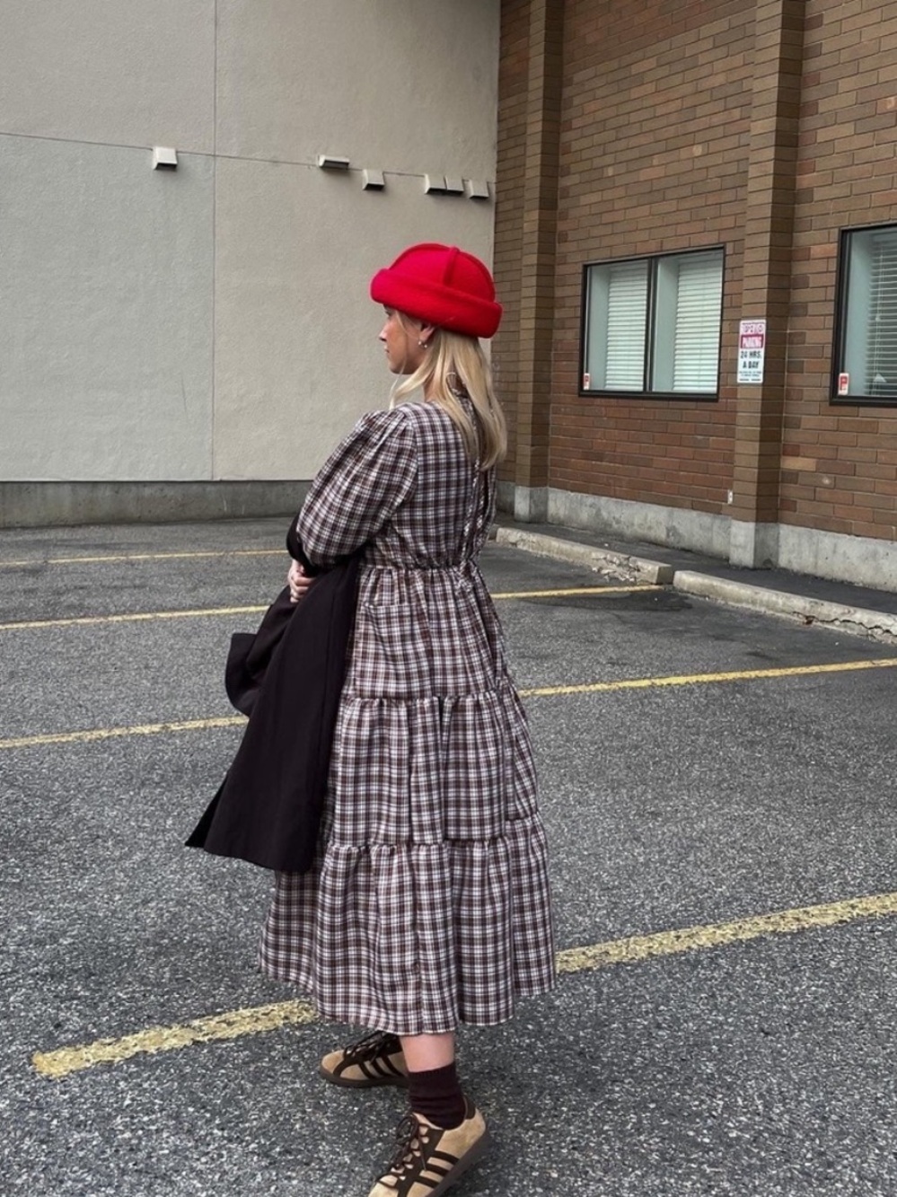LISA SAYS GAH maxine long sleeve plaid midi dress brown fall size XL - Picture 2 of 12